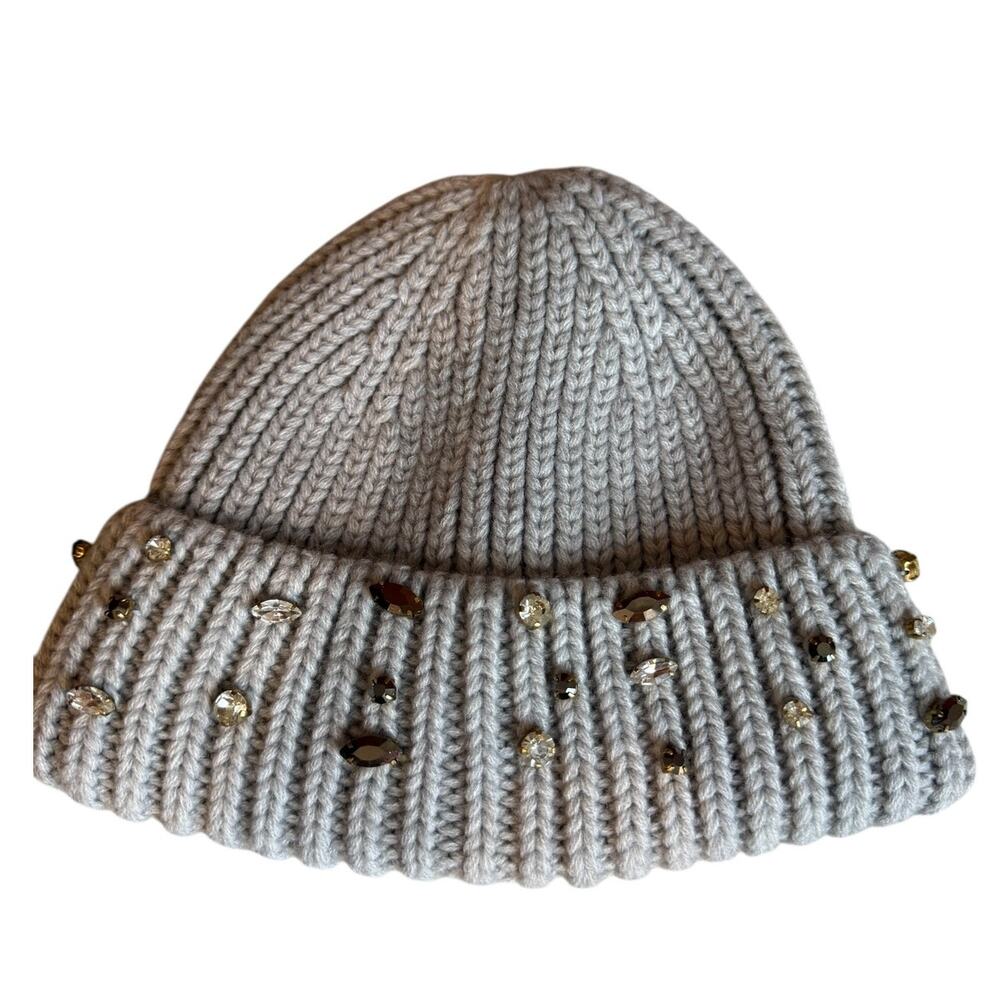 Badgley Mischka Gemstone Embellished Cable Knit Beanie Gray